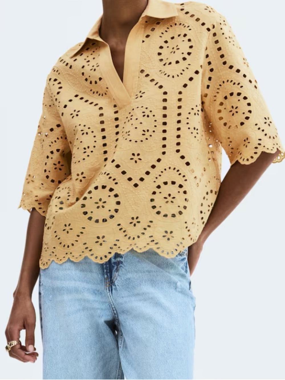H&M Yellow Eyelet Cotton Polo Blouse